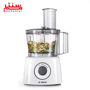 نمای جلویی غذاساز بوش MCM3200W سفید با ولوم تنظیم دو سرعته و عملکرد پالس برای کنترل آسان.